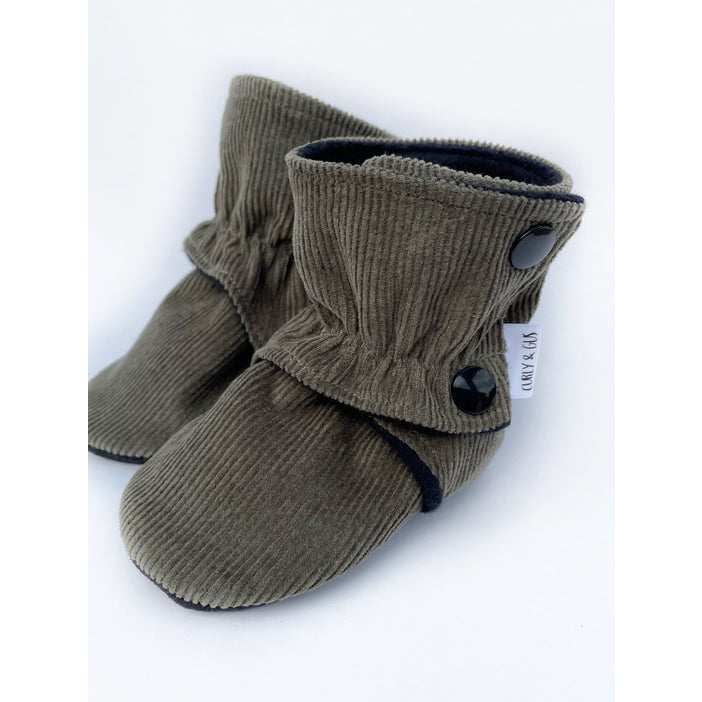 Olive Corduroy Baby Boots Black Rubber