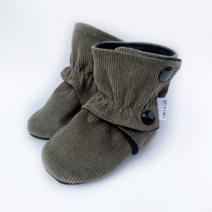 Olive Corduroy Baby Boots Gray Faux Suede