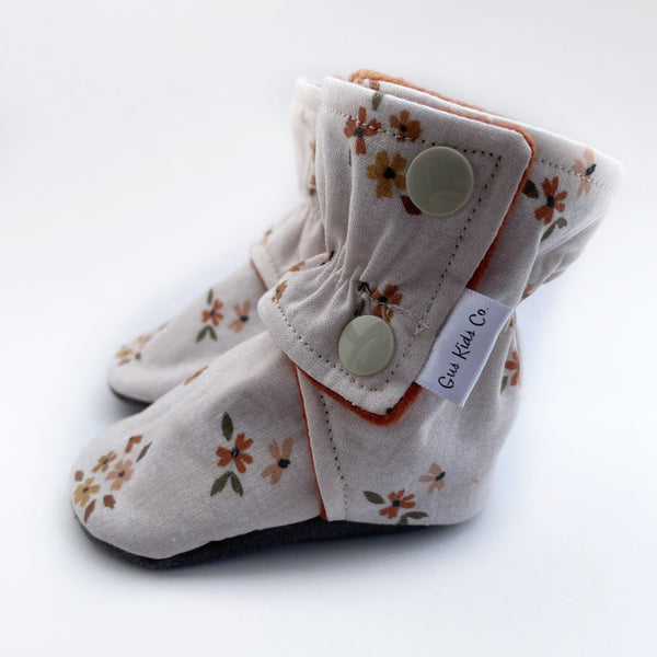 Dainty Floral Baby Boots Tan Rubber