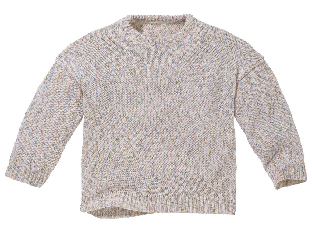 A long-sleeve knit sweater with a textured, speckled pattern in beige, white, and subtle pastel tones, shown against a plain off-white background.