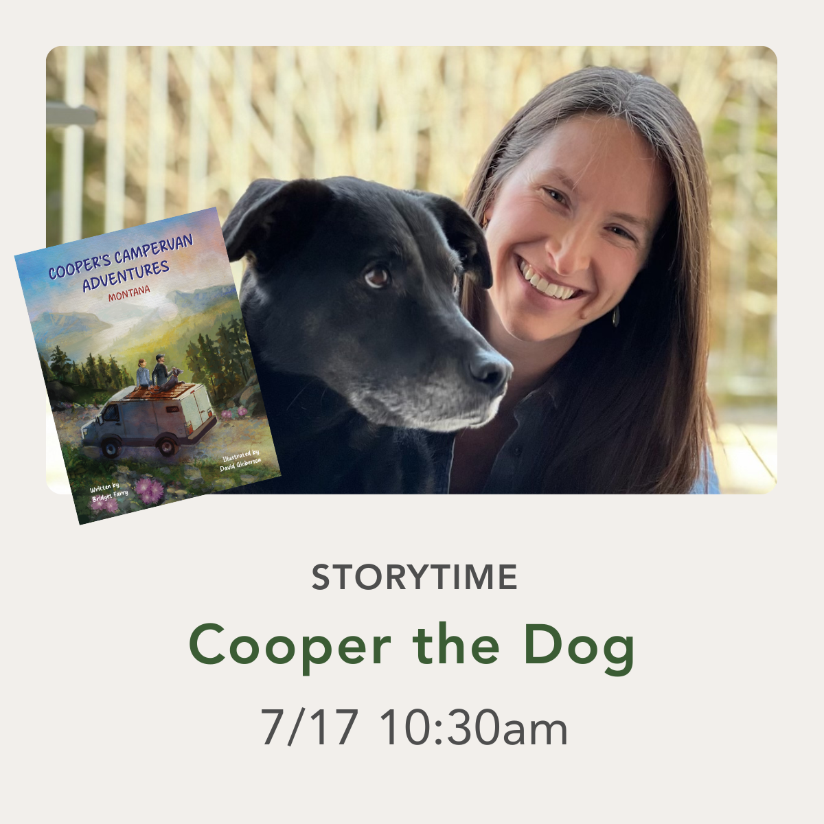 Promotional graphic for a children's storytime event titled 'Cooper the Dog' with a smiling woman and a black dog pictured above event text, and a book cover reading 'Cooper's Camperuan Adventures' shown on the left.