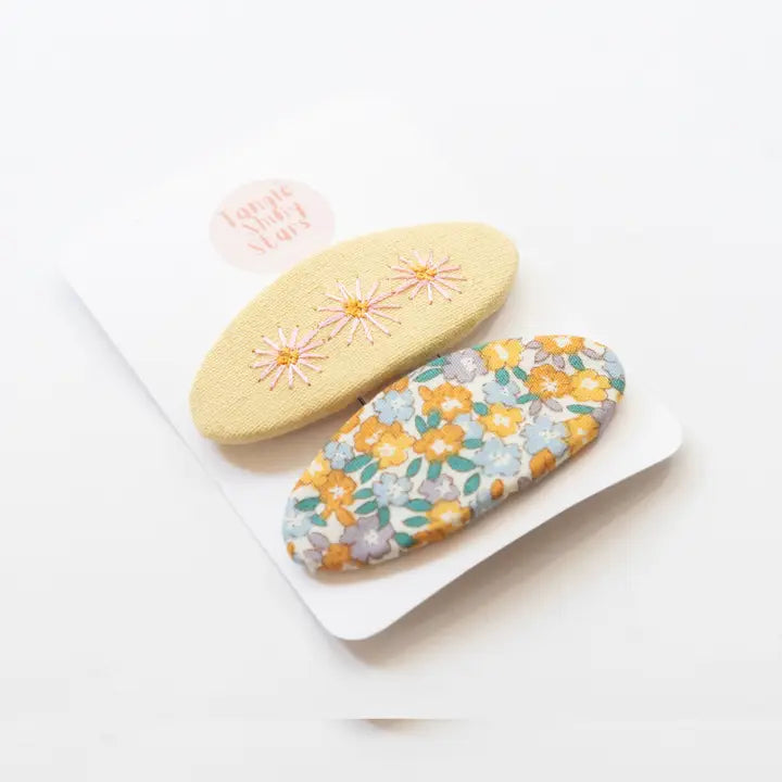 Tangle Shiny Stars - Oval Embroidered Floral Snap Hair Clips | Pastel Yellow