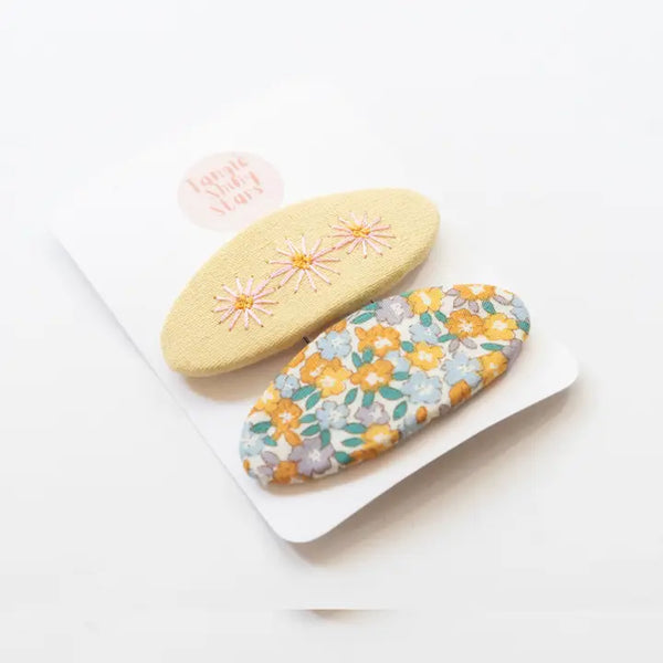 Tangle Shiny Stars - Oval Embroidered Floral Snap Hair Clips | Pastel Yellow