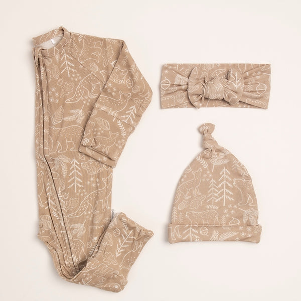 Infant/ Toddler Bamboo Sleeper Taupe Woodland Animal Pajamas