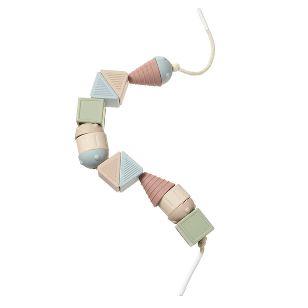 Colorful baby teething necklace with geometric shapes on a white background