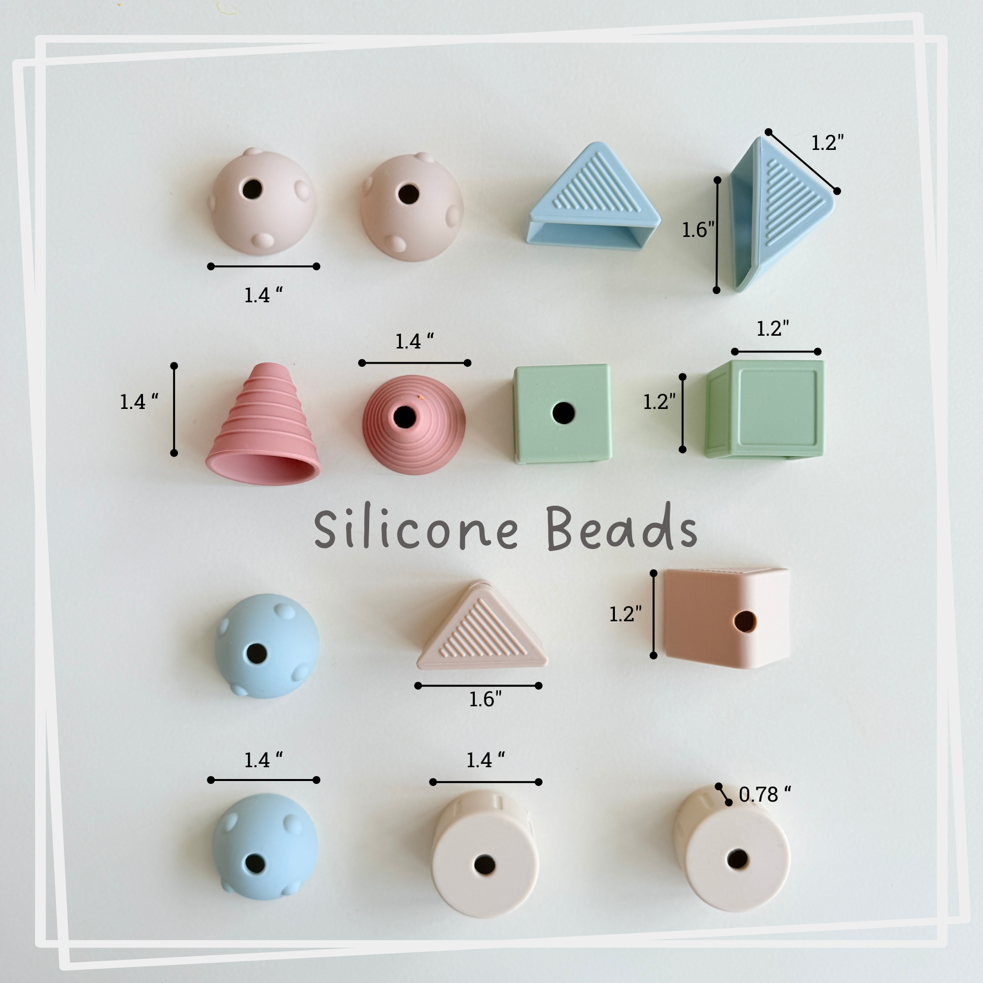 Silicone beads in various shapes and sizes with measurements on a white background