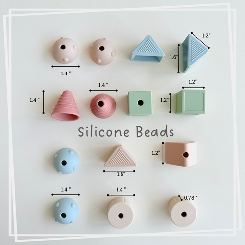 Silicone beads in various shapes and sizes with measurements on a white background