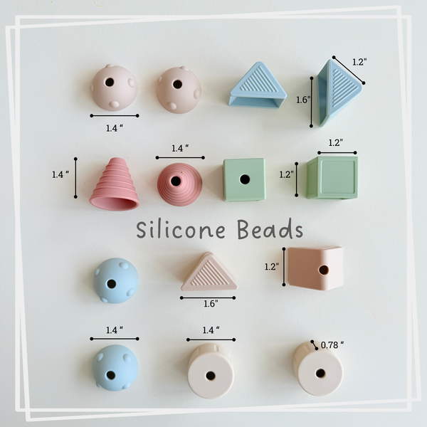 Silicone beads in various shapes and sizes with measurements on a white background