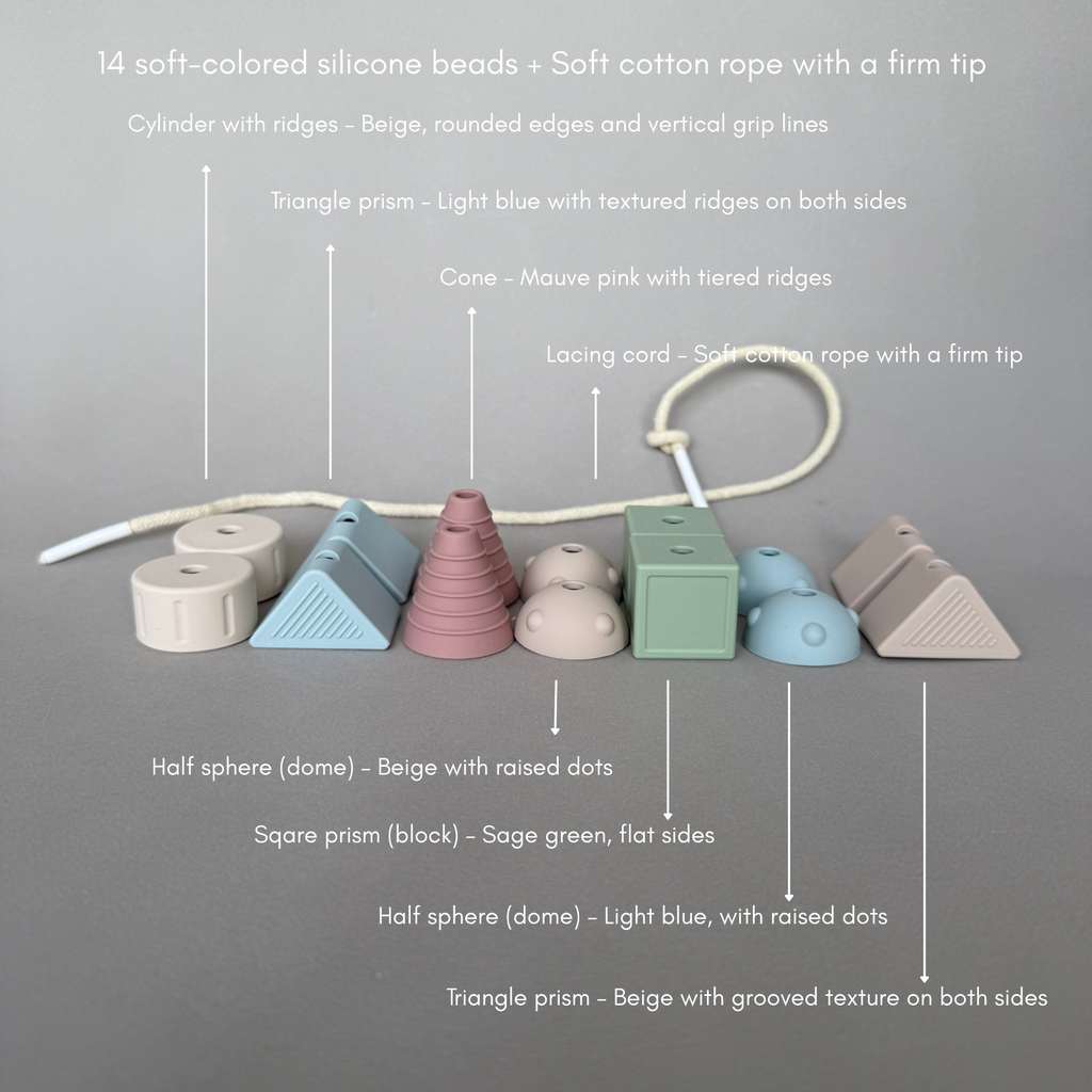 Colorful silicone beads and soft cotton rope on a gray background with text labels.