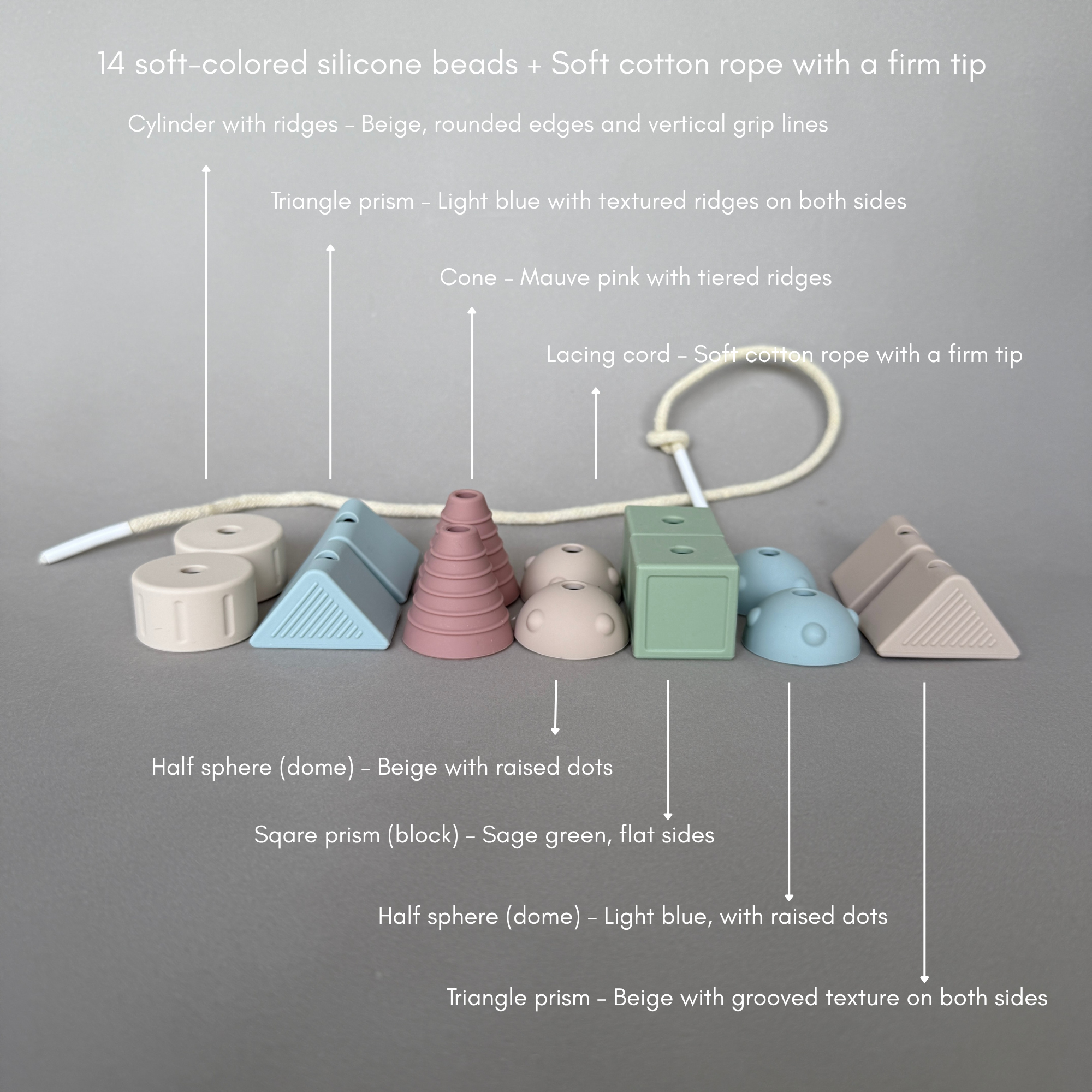 Colorful silicone beads and soft cotton rope on a gray background with text labels.