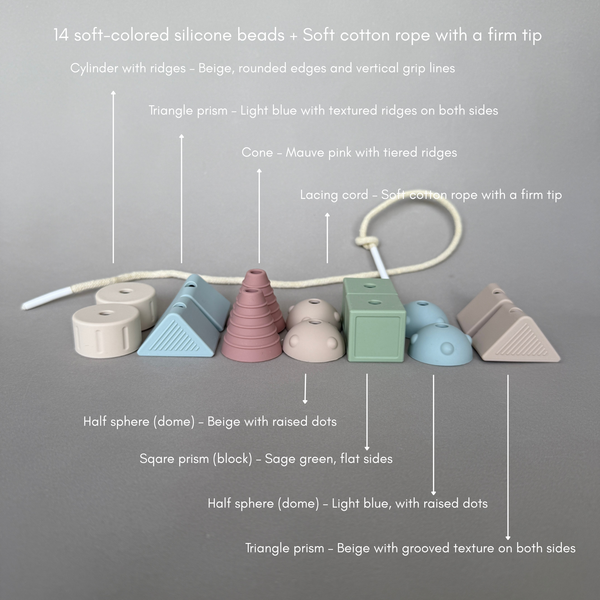Colorful silicone beads and soft cotton rope on a gray background with text labels.