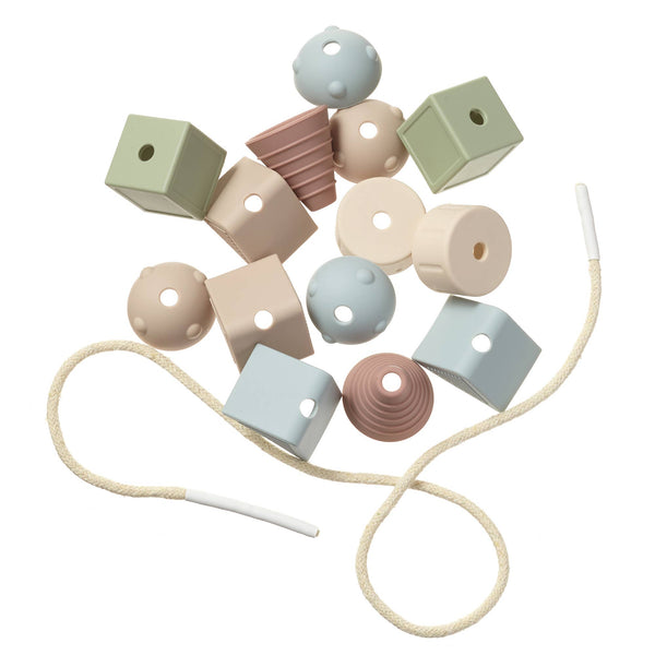 Colorful geometric wooden beads on a string against a white background