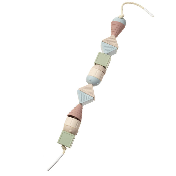 Colorful geometric bead toy on a white background