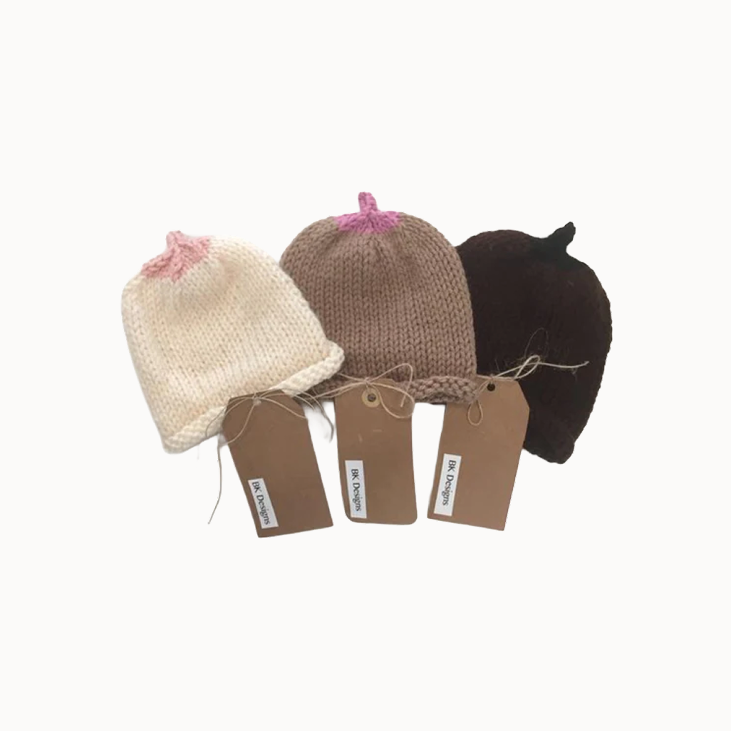 3 different colors of the infant knitted breastfeeding hat