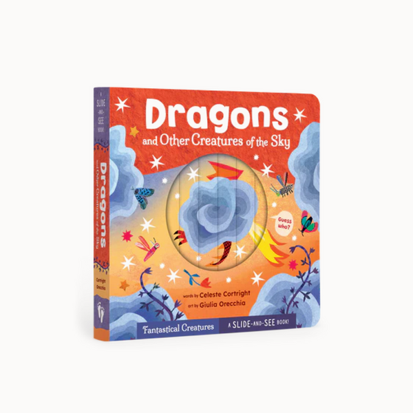 Book cover of 'Dragons and Other Creatures of the Sky' with colorful illustrations and a sliding panel.
