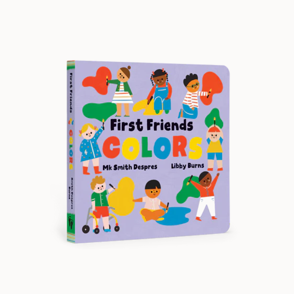 Book cover of 'First Friends Colors' with illustrations of children holding colored shapes.