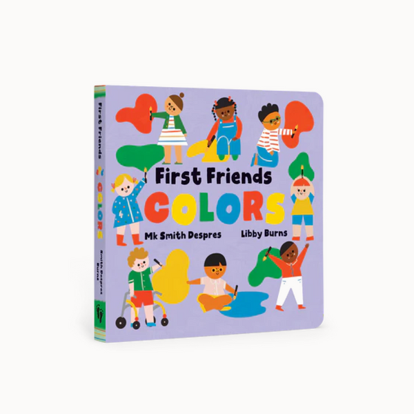 Book cover of 'First Friends Colors' with illustrations of children holding colored shapes.