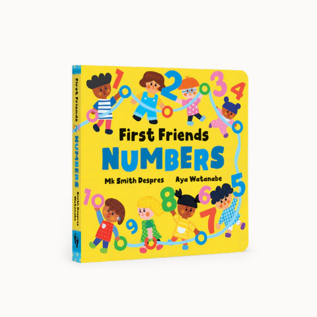Children's book titled 'First Friends Numbers' with colorful illustrations on a yellow background