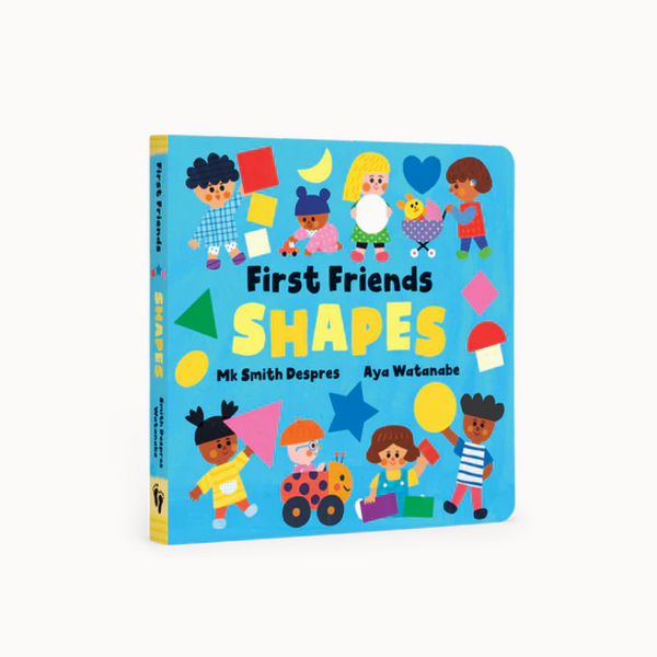 Children's book titled 'First Friends Shapes' with colorful illustrations on a blue background