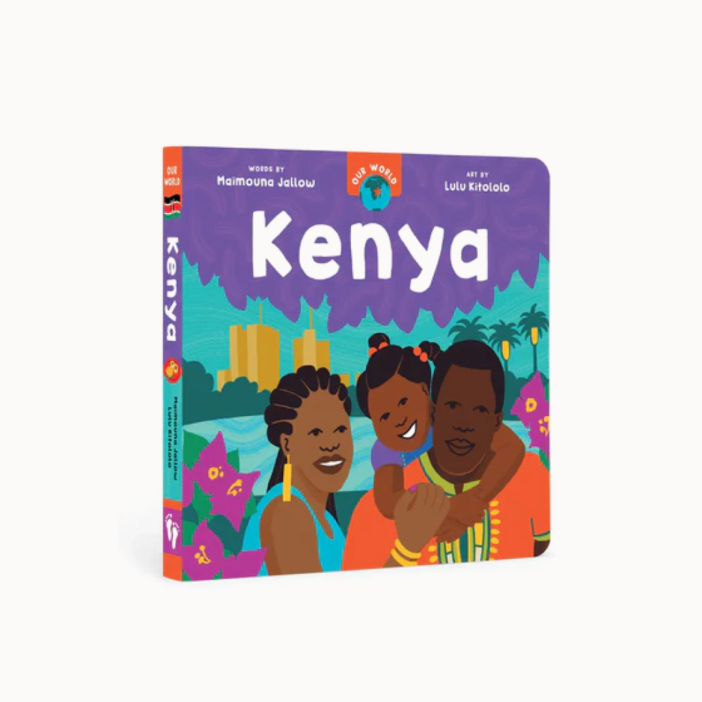 Book cover of 'Kenya' featuring illustrations of three children and a cityscape.