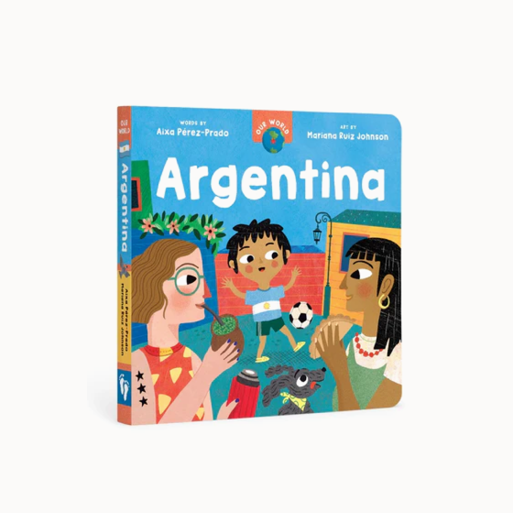 A board book cover featuring illustrations of Argentine culture with a title 'Argentina' and author and illustrator names.