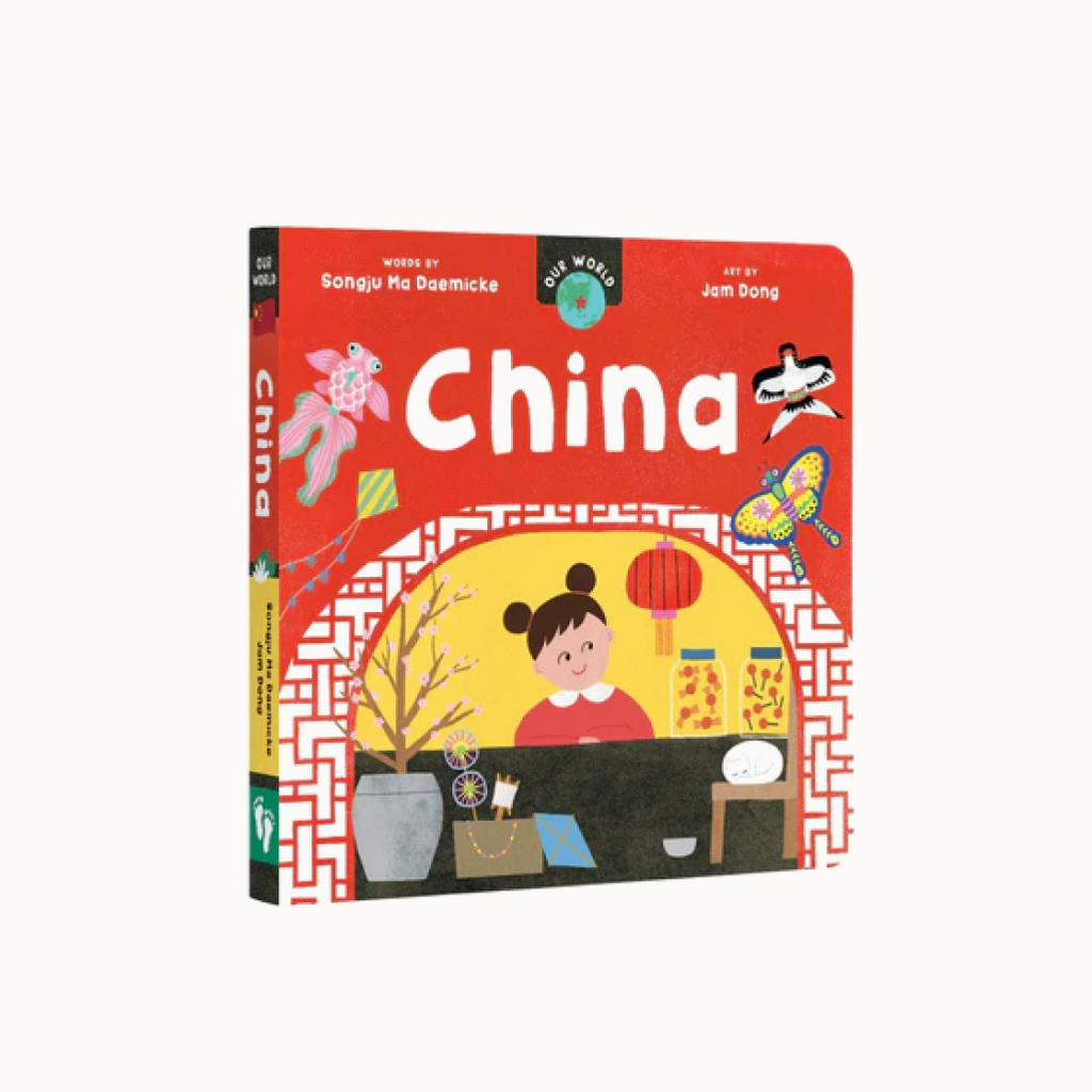 Board book titled 'China' from the Our World Series, featuring vibrant illustrations of Chinese culture and a young girl reading.