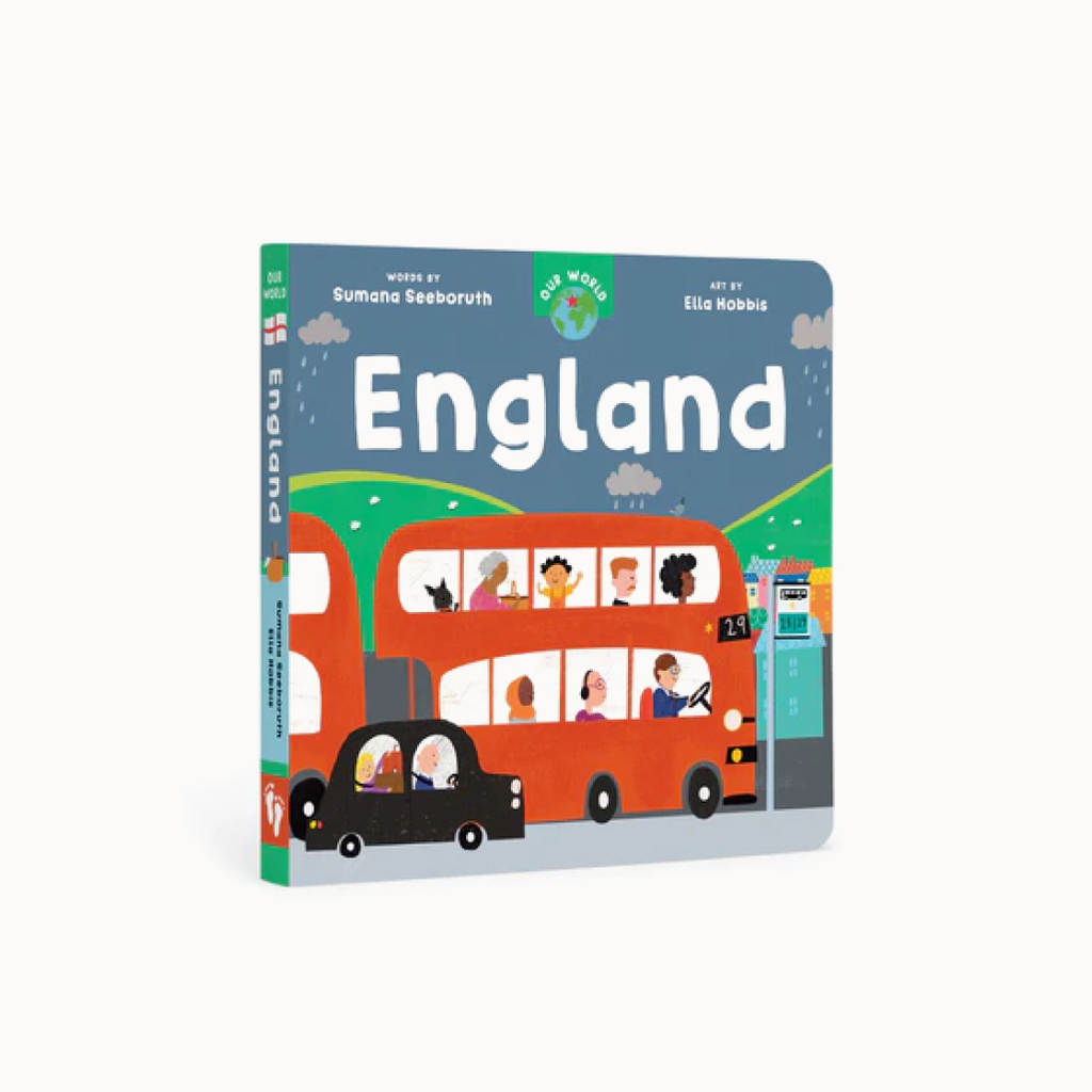 A colorful board book cover featuring illustrations of people on a double-decker bus with the title 'England' and author and illustrator names.