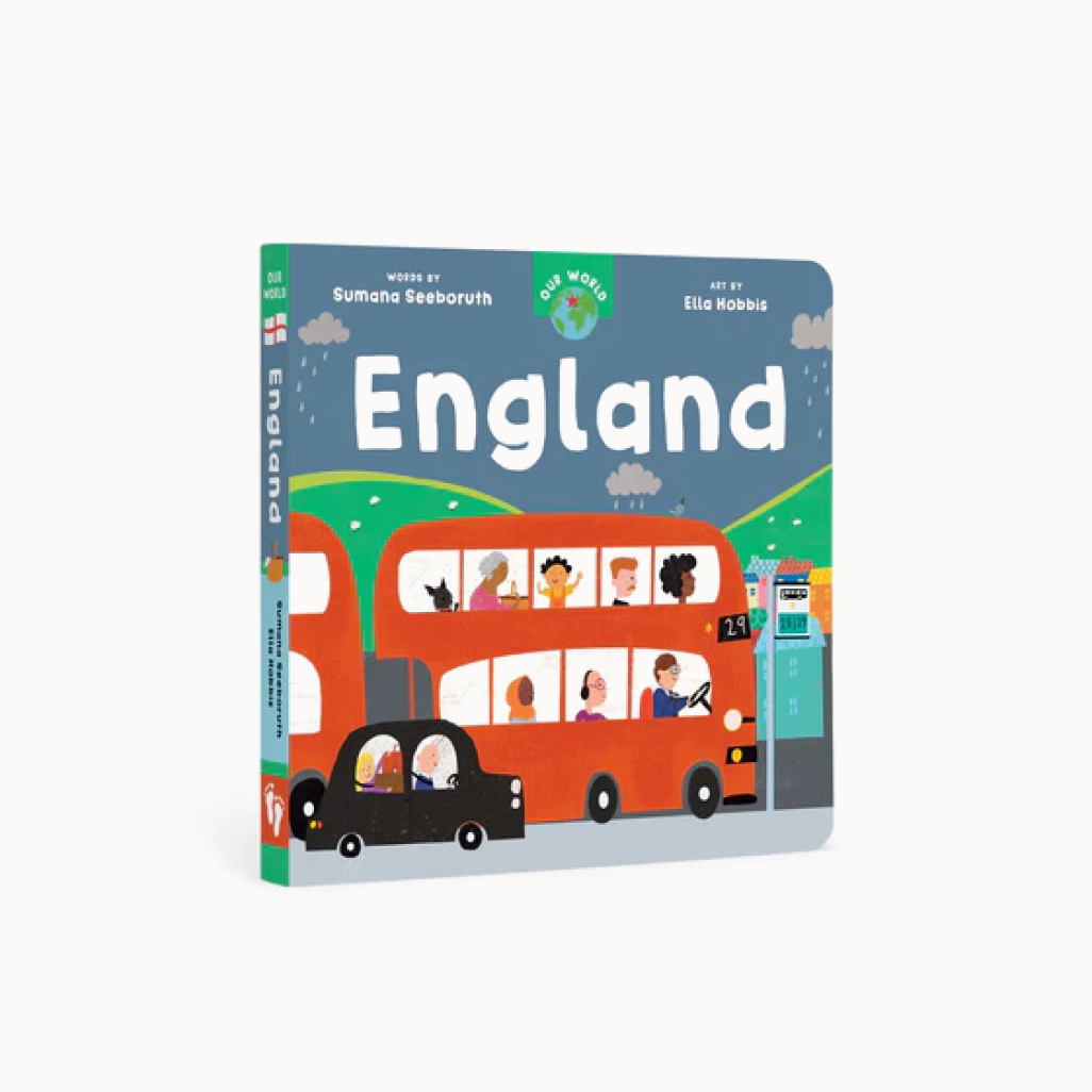 A colorful board book cover featuring illustrations of people on a double-decker bus with the title 'England' and author and illustrator names.