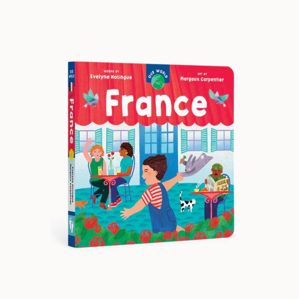 Cover of "France" book, with illustrations of child in front of a cafe