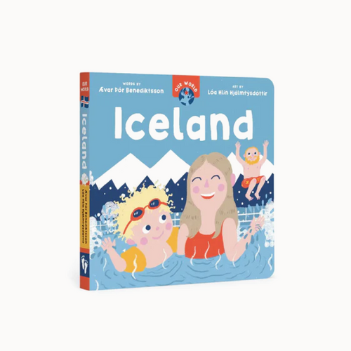 Book cover of 'Iceland' featuring illustrations of children playing in water with mountains in the background.
