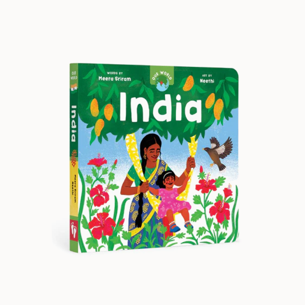 Cover of book with "India" on it, and illustration of Indian mother swinging daughter