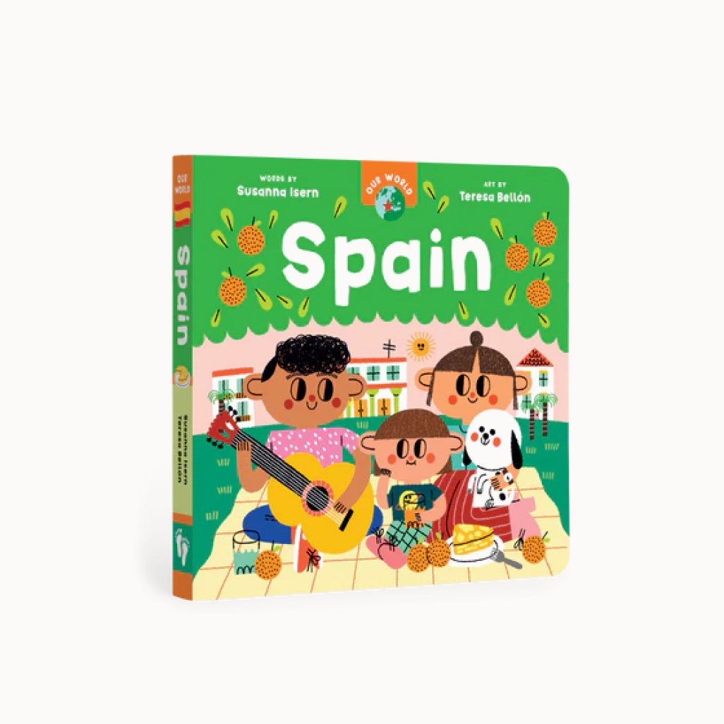 Book cover of 'Our World Spain' with children and a dog on a green background