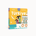 A board book titled 'Türkiye' from Barefoot Books Our World series, featuring illustrations of Turkish culture, such as people, food, and landscapes, and text in Turkish.