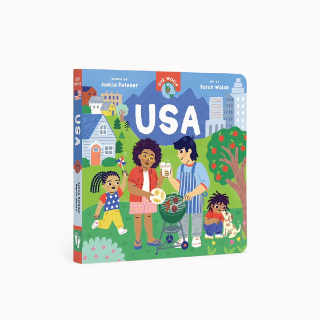 Cover of "USA" book with illustration of a family at a barbecue