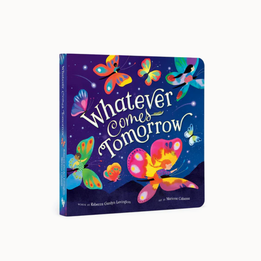 'Whatever comes tomorrow' book cover with colorful butterflies on it