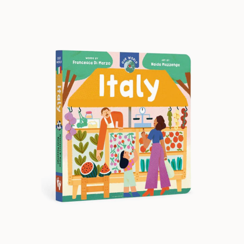 Book cover of 'Italy' by Francesca Di Marzo and Naida Mazzenga with illustrations of people at a market.