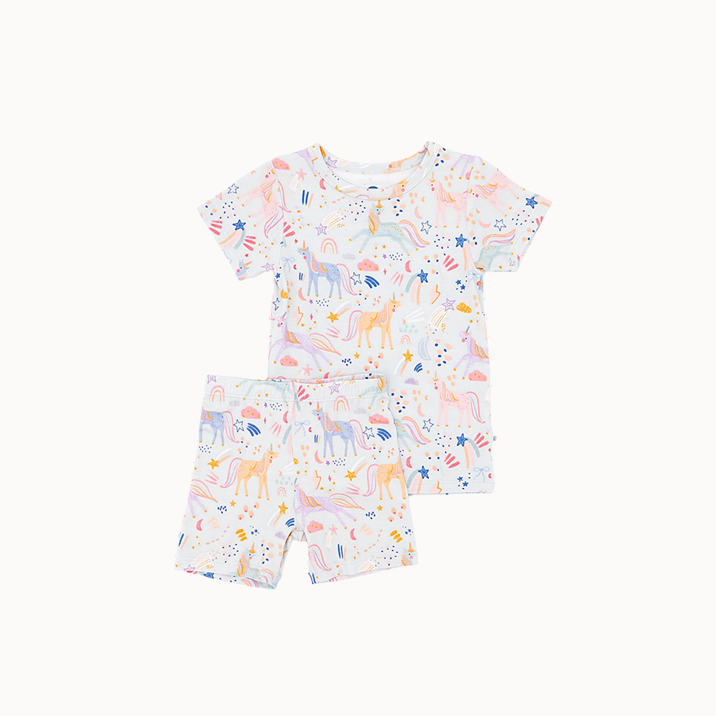 Children's pajama set with unicorn pattern on a white background