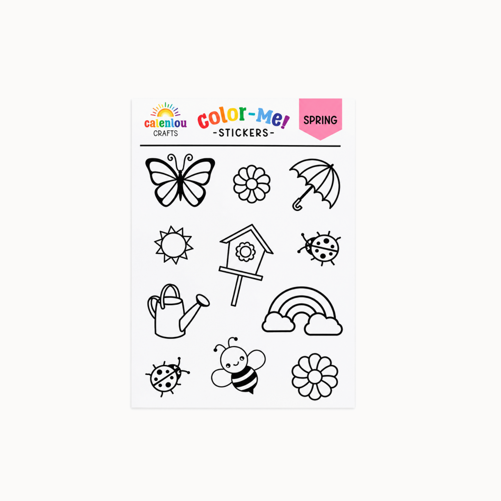 Sheet of spring-themed stickers with coloring tools on a white background