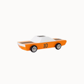 A wooden race car toy with an orange body, white roof, black racing stripes, and the number 10 on the side, shown against a plain off-white background.