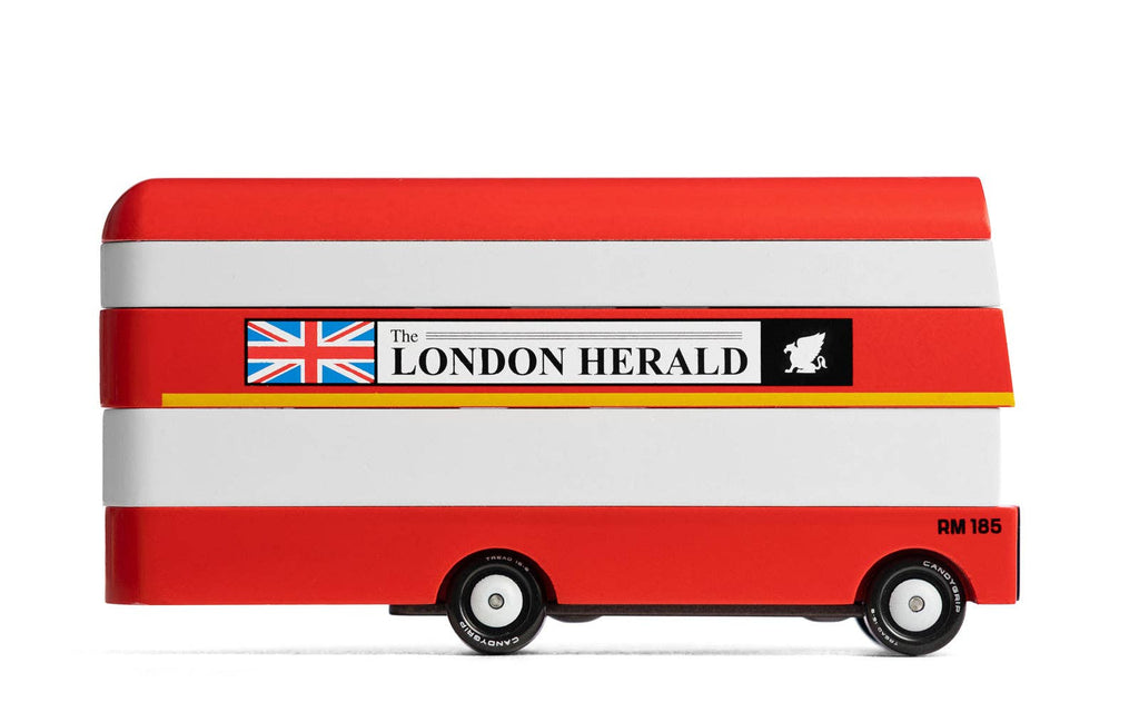Toy double decker 'london herlad' bus on a white background
