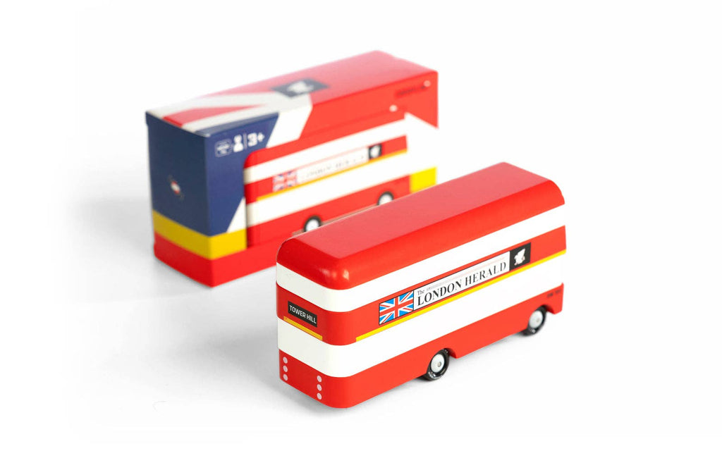Toy double decker 'london herald' bus on a white background