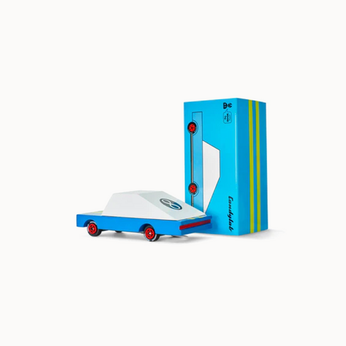 Toy car and its packaging on a white background