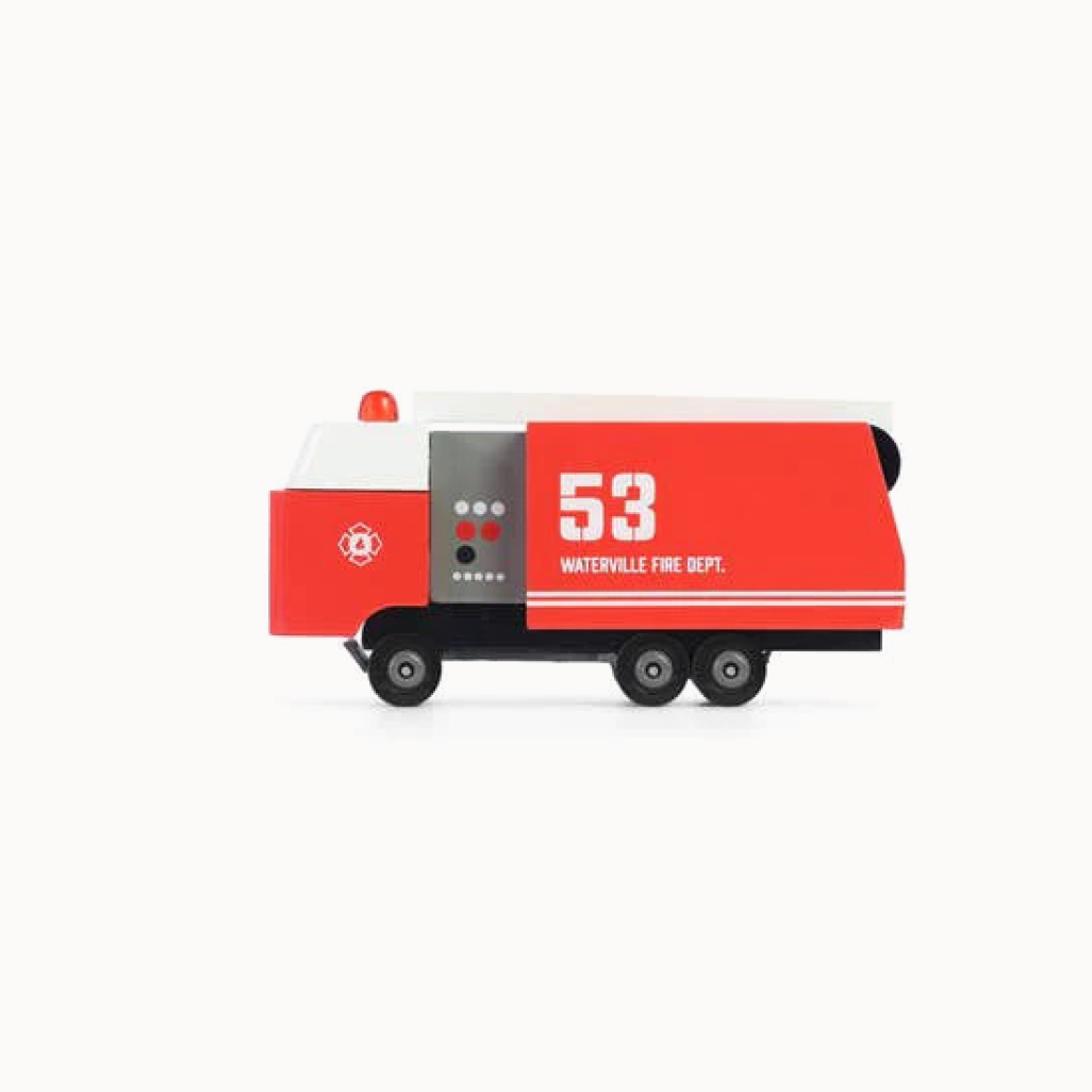 Toy fire truck model with 'Waterville Fire Dept.' branding on a white background