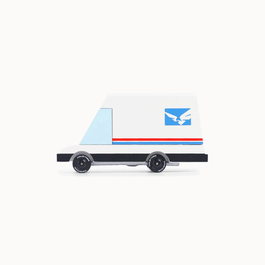 Model of a delivery truck with a logo on a white background