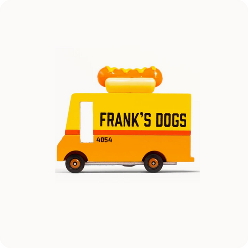 Toy truck with 'Frank's Dogs' branding on a white background