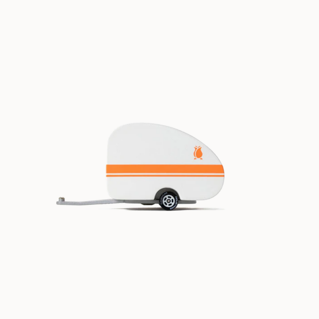 White and orange trailer with a small logo on a white background