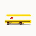 Yellow toy school bus with a stop sign on a white background
