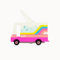 Colorful toy truck with a unicorn design on a white background