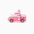 Pink toy car with a striped surfboard on a white background