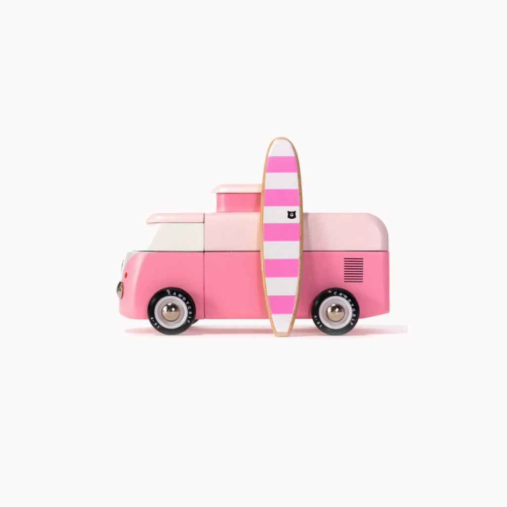 Pink toy car with a striped surfboard on a white background